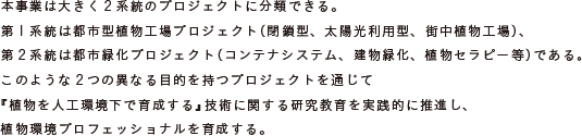 本事業は大きく２系統のプロジェクトに分類できる。
	第１系統は都市型植物工場プロジェクト（閉鎖型、太陽光利用型、街中植物工場）、
	第２系統は都市緑化プロジェクト（コンテナシステム、建物緑化、植物セラピー等）である。
	このような２つの異なる目的を持つプロジェクトを通じて
	『植物を人工環境下で育成する』技術に関する研究教育を実践的に推進し、
	植物環境プロフェッショナルを育成する。