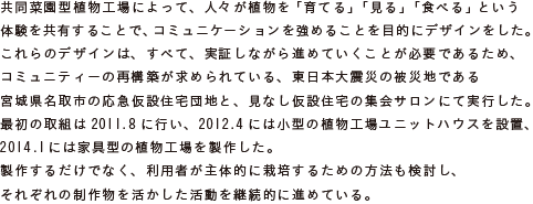 共同菜園型植物工場によって、人々が植物を「育てる」「見る」「食べる」という
			体験を共有することで、コミュニケーションを強めることを目的にデザインをした。
			これらのデザインは、すべて、実証しながら進めていくことが必要であるため、
			コミュニティーの再構築が求められている、東日本大震災の被災地である
			宮城県名取市の応急仮設住宅団地と、見なし仮設住宅の集会サロンにて実行した。
			最初の取組は2011.8に行い、2012.4には小型の植物工場ユニットハウスを設置、
			2014.1には家具型の植物工場を製作した。
			製作するだけでなく、利用者が主体的に栽培するための方法も検討し、
			それぞれの制作物を活かした活動を継続的に進めている。