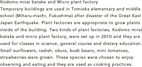 Kodomo mirai batake and Micro plant factory 
Temporary buildings are used in Tomioka elementary and middle school (Miharu-machi, Fukushima) after disaster of the Great East Japan Earthquake. Plant factories are appropriate to grow plants inside of the building. Two kinds of plant factories, Kodomo mirai batake and micro plant factory, were set up in 2010 and they are used for classes in science, general course and dietary education. Small sunflowers, radish, okura, bush beans, mini tomatoes, strawberries were grown. These species were chosen to enjoy observing and eating and they are used as cooking practices. 