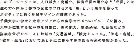 このプロジェクトは、人口減少・高齢化、経済成長の頓化など「成長」とは逆の方へ向かう
			都市の変化のプロセスを「馬」という媒体を使ってポジティブに描く地域デザインが課題であった。
			千葉大学の学生と欧米アジアからの留学生が４つのグループを組み、
			大学が位置する松戸市を対象に、馬の能力、成長過程、社会性などの詳細な分析をベースに
			地域の「交通基盤」、「観光トレイル」、「住宅・店舗」、「教育・生活」において
			馬と身近に暮らす夢のある将来の提案があった。