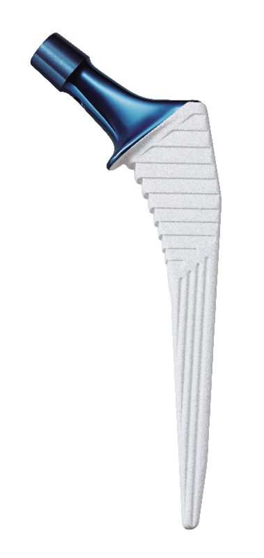 A collared, fully hydroxyapatite-coated femoral stem for hip replacement